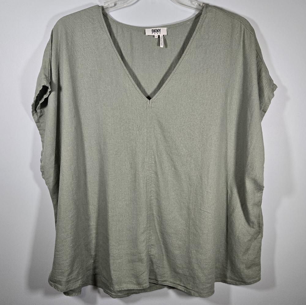 DKNY Pure V-Neck Sage Green Linen‎ Blend Top Short Sleeves Womens Size 3X